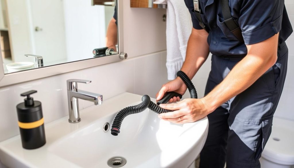 Professional technician performing bathroom drain cleaning with specialized equipment