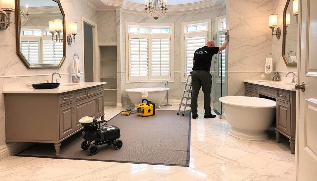Protected luxury bathroom during drain service