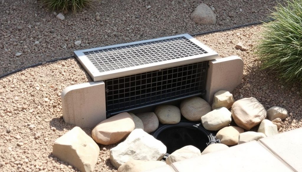 Protected outdoor drain in desert landscape