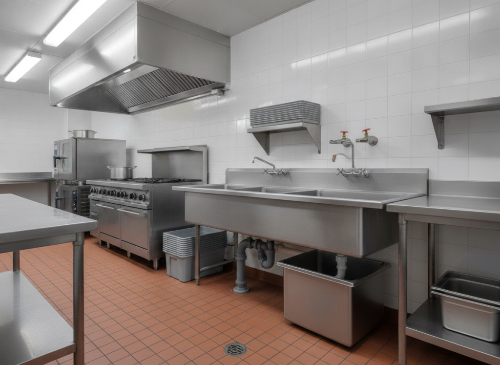 Restaurant kitchen with three-compartment sink and commercial grease trap