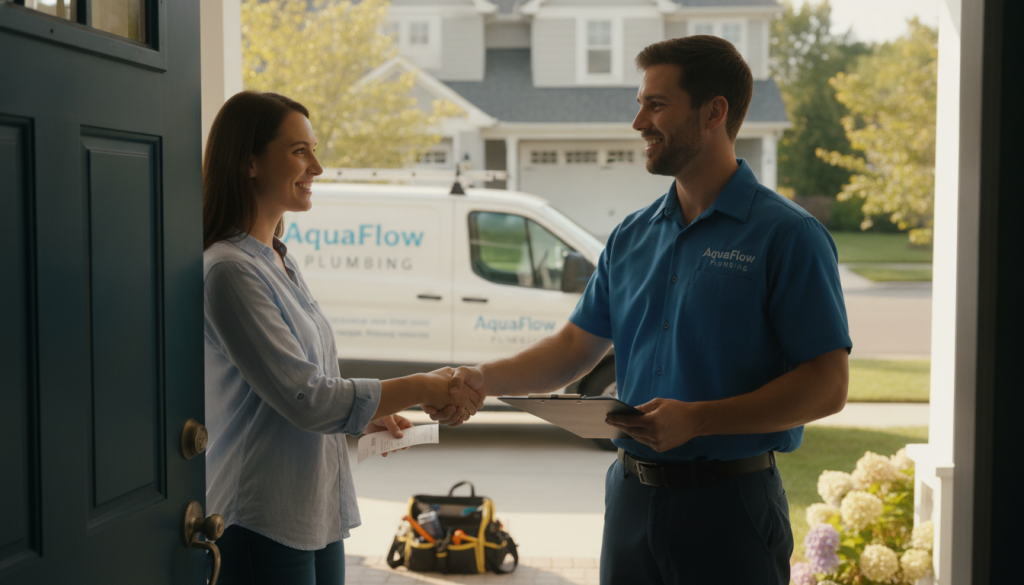 Satisfied homeowner shaking hands with professional plumber after successful drain cleaning