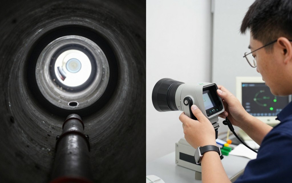 Split screen showing drain camera view and technician operating equipment
