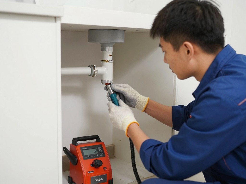 Technician performing routine preventative drain maintenance