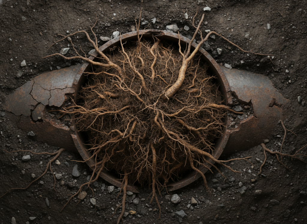 Tree roots growing through and blocking sewer drain pipe