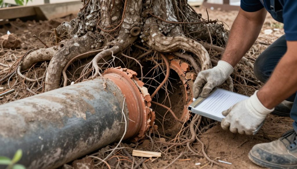 Tree roots that have invaded sewer line causing drain blockage Tree roots that have invaded sewer line causing drain blockage