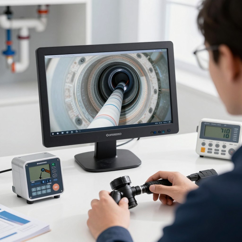 Video camera inspection system showing drain interior on monitor