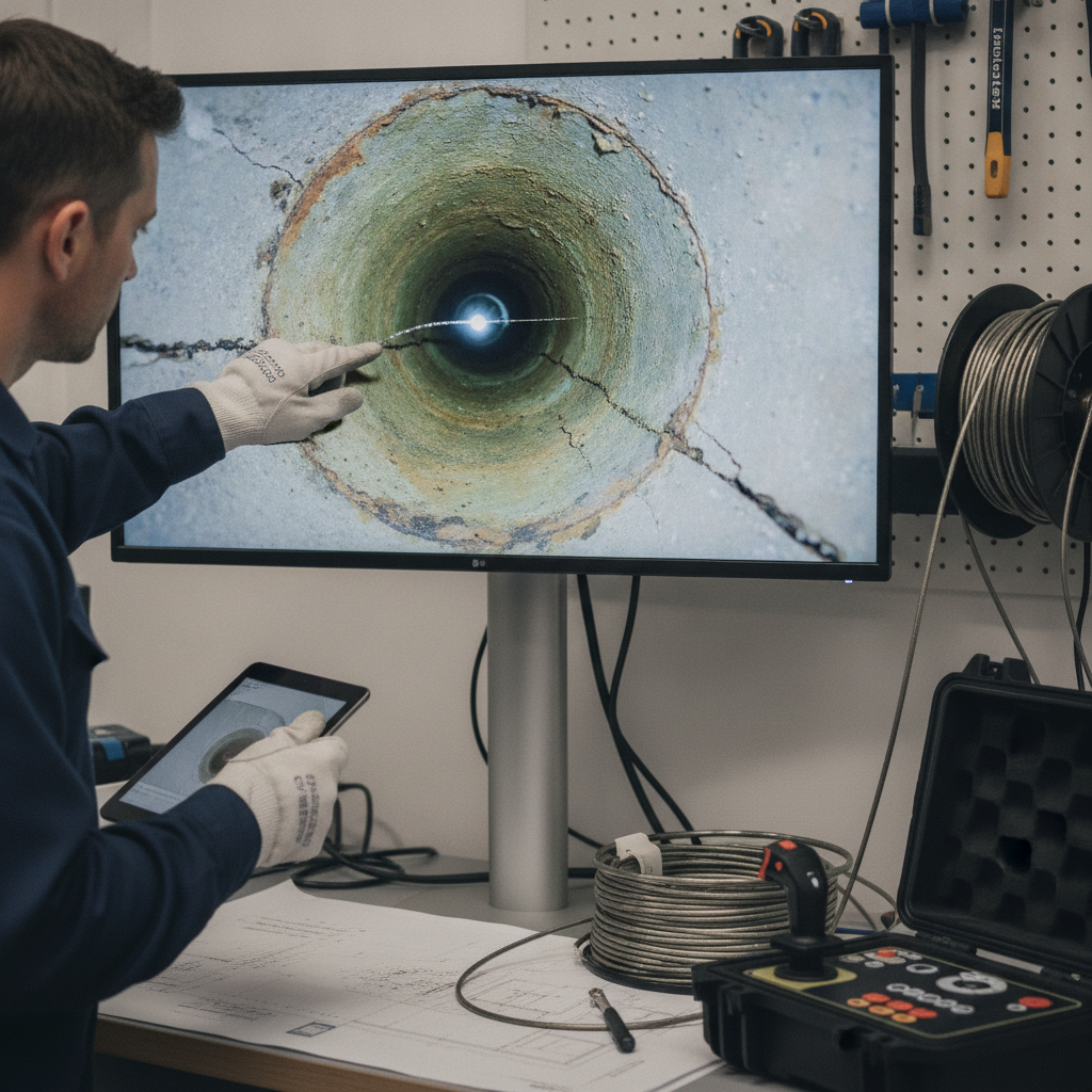 Video inspection camera showing interior of drain pipe